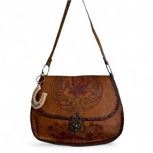 70’s Hand-Tooled & Painted Deerskin Leather Rose Saddle Shoulder Bag Mexico